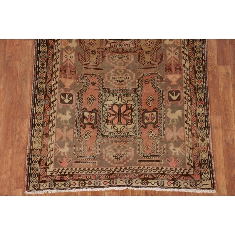 Animals Tribal Meshkin Persian Vintage Runner Rug Handmade Wool Carpet - 3'9"x 10'9"