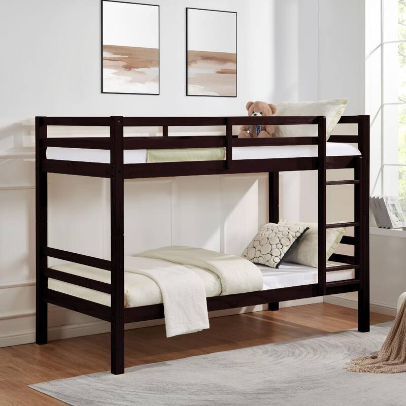 Twin Bunk Bed,Wooden,High Guardrail,Ladder,Kids Teens,Dorm Guest - Espresso