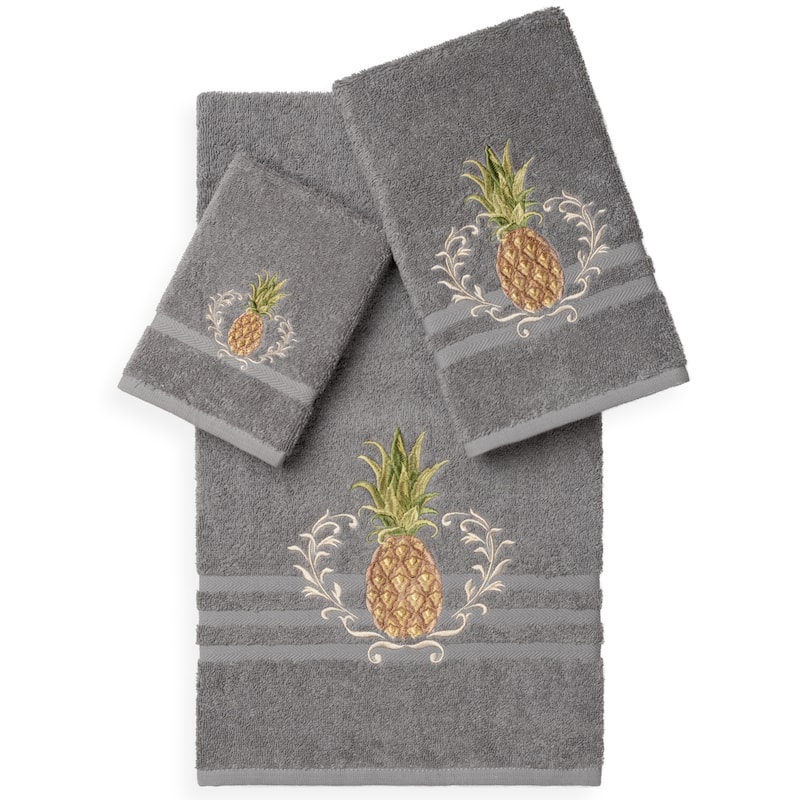 Authentic Hotel and Spa Turkish Cotton Pineapple Embroidered 3 piece Towel Set - Charcoal