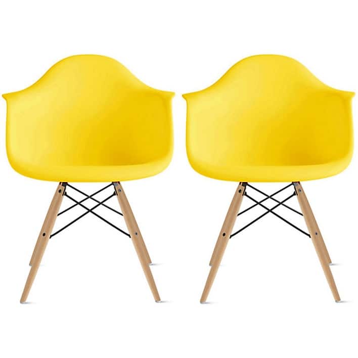 Set of 2 Plastic Accent Modern Designer Dining Chair With Arms Molded Shell Desk Natural Wooden Legs Kitchen Patio - Yellow