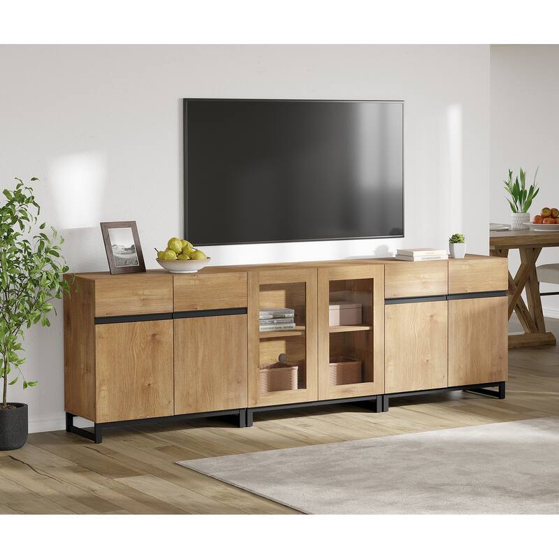 Modern TV Stand for Tvs Up to 100 Inch, 3 In 1 TV Console with Glass Doors and 2 Drawers, Entertainment Centerf or Living Room
