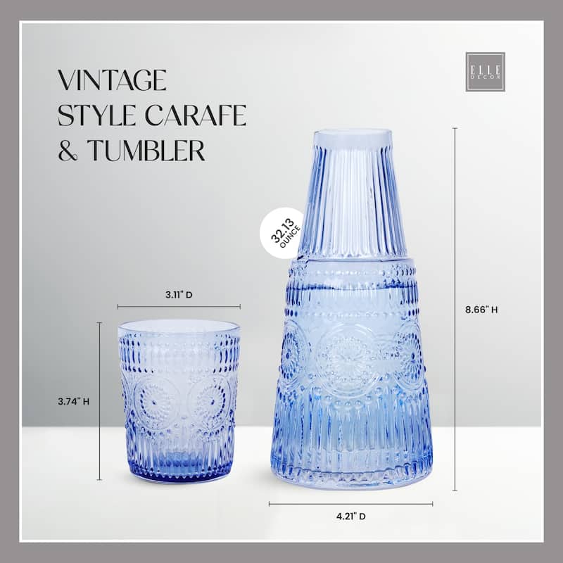 Elle Decor Bedside Water Carafe with Tumbler Set Pitcher 33 oz On