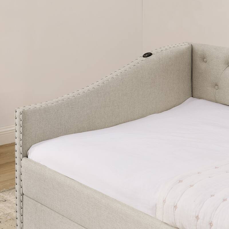 Twin Size Extendable Daybed with Pull-Out Bed, USB Charging Ports, Button Tufted Back & Nailhead Trim