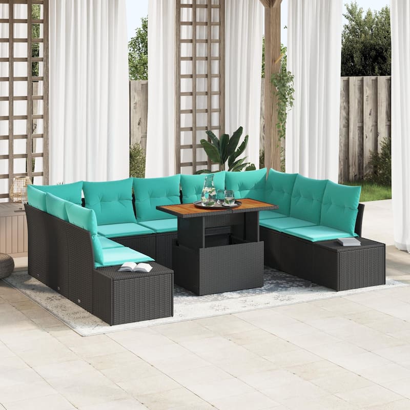 vidaXL 10 Garden Sofa Set with Cushions Black/Grey Poly Rattan - 113.8 x 82.3 x 27.2 - Black