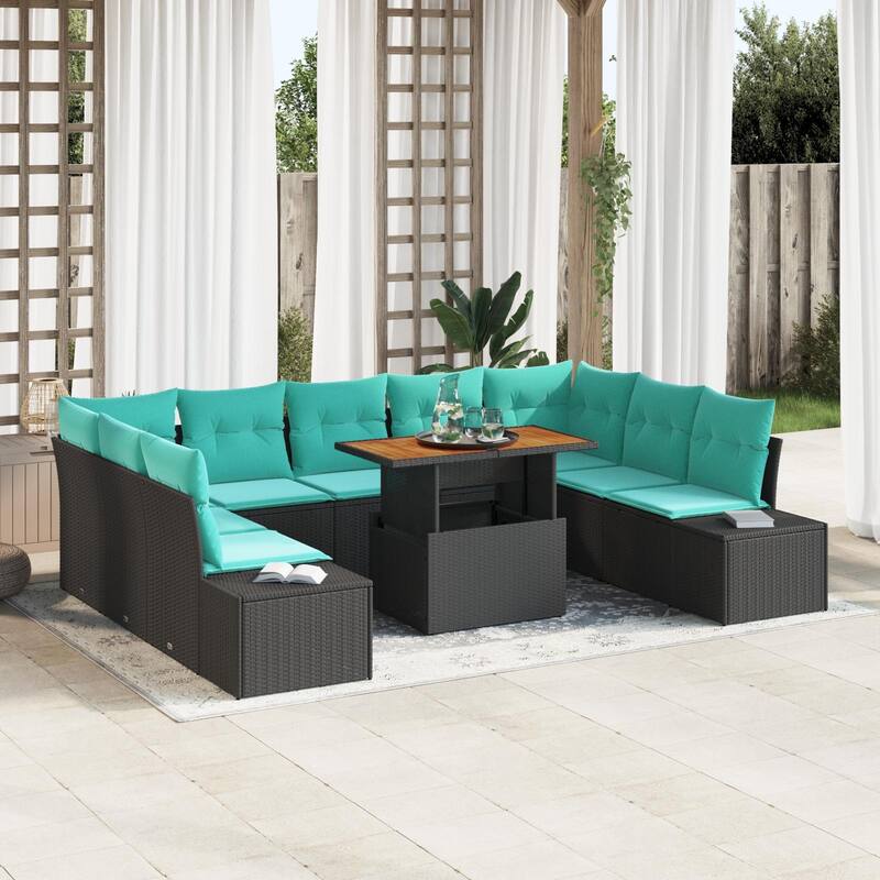 vidaXL 10 Piece Garden Sofa Set with Cushions Black Poly Rattan - 113.8×82.3×27.2