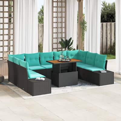 vidaXL 10 Piece Garden Sofa Set with Cushions Black Poly Rattan - 113.8×82.3×27.2
