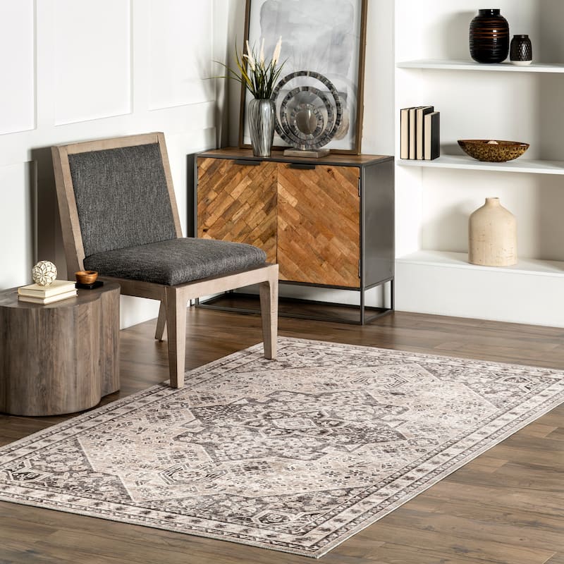 Nuloom Eira Medallion SplashGuard Machine Washable Area Rug - 8' x 10' - Taupe - Rectangle