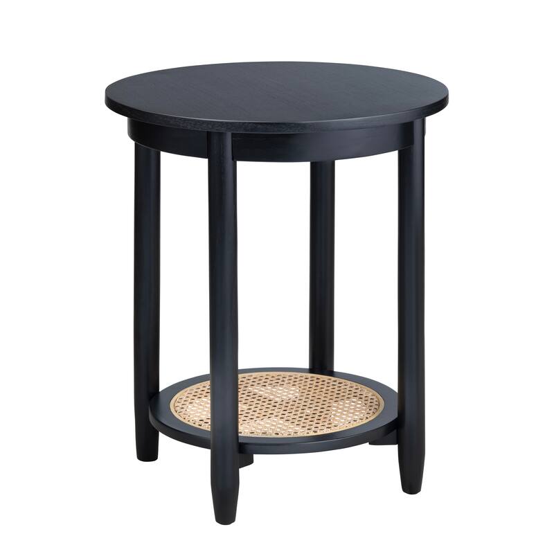 Round Mindi Wood and Rattan Black Accent Table