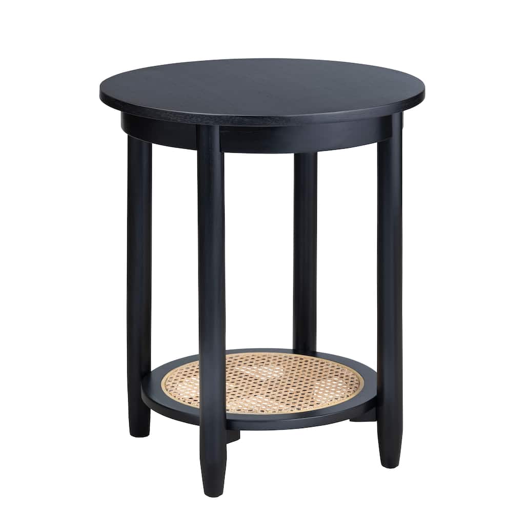 Round Mindi Wood and Rattan Black Accent Table