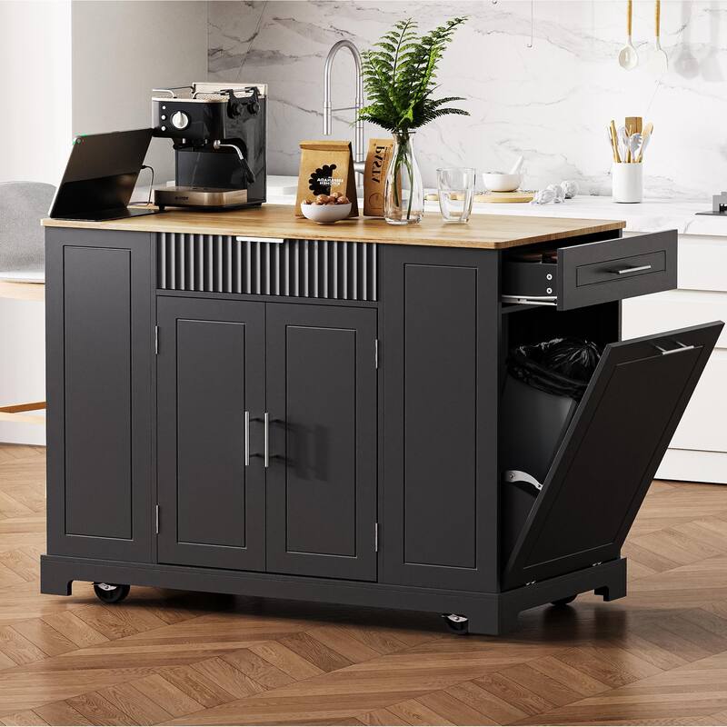 Roomfitters 48" Rolling Kitchen Island with Tilt-Out Trash Can Cabinet, Mobile Cart with Power Outlets, Fluted Drawers, White