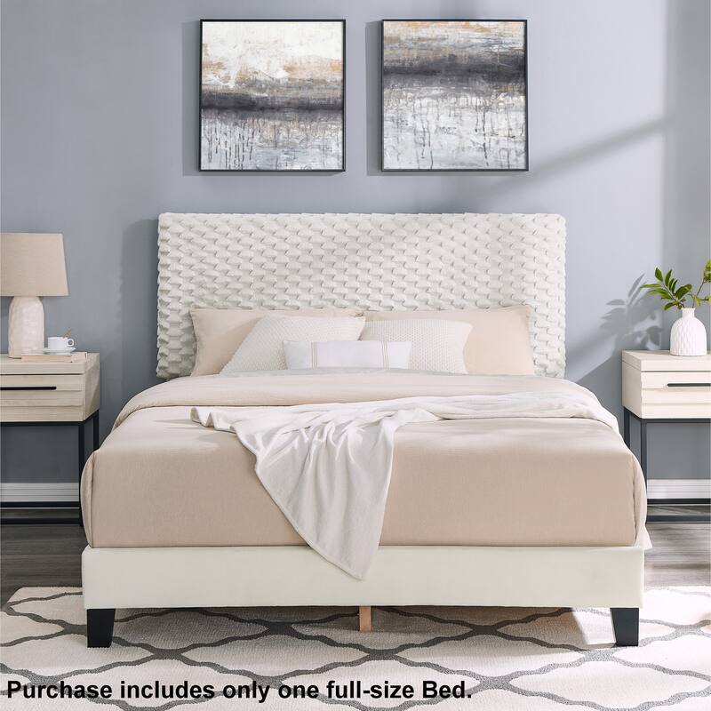 Plush 3D Upholstered Platform Bed with Adjustable Headboard in White Dove