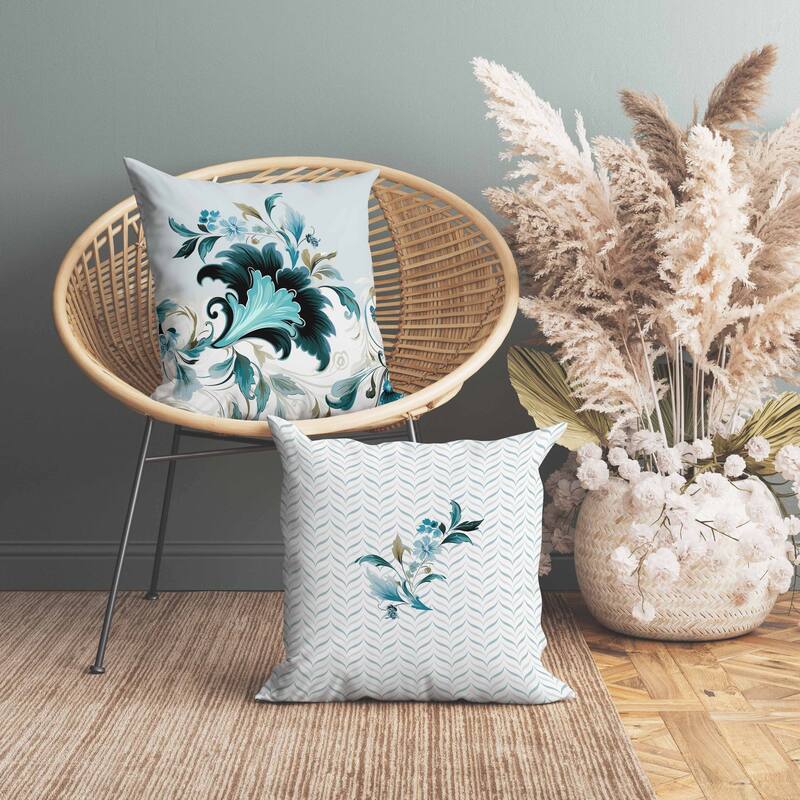Damask Hue Indoor/Outdoor Reversible Throw Pillow Turquoise and Beige