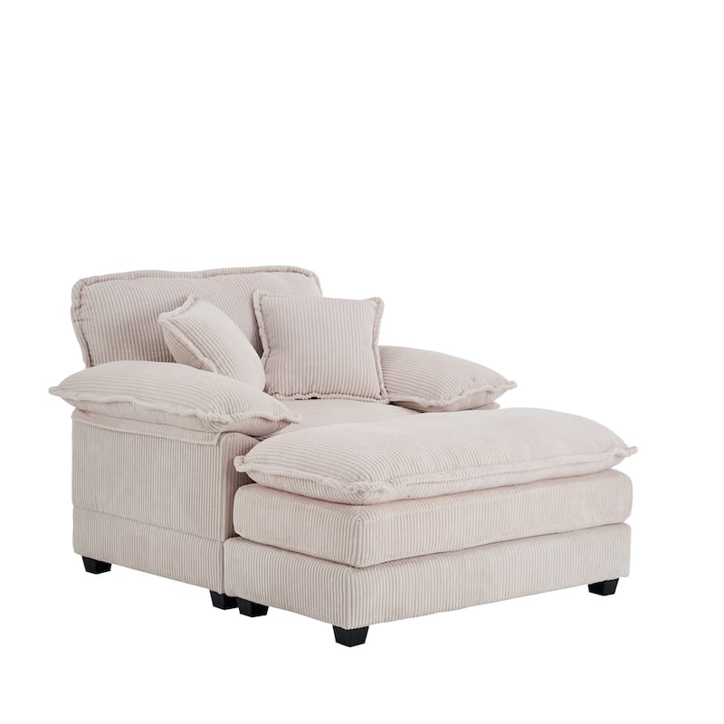 56.3 Inch Corduroy Single Deep Seat Sofa Chair With 2 Toss Pillows and a Ottoman