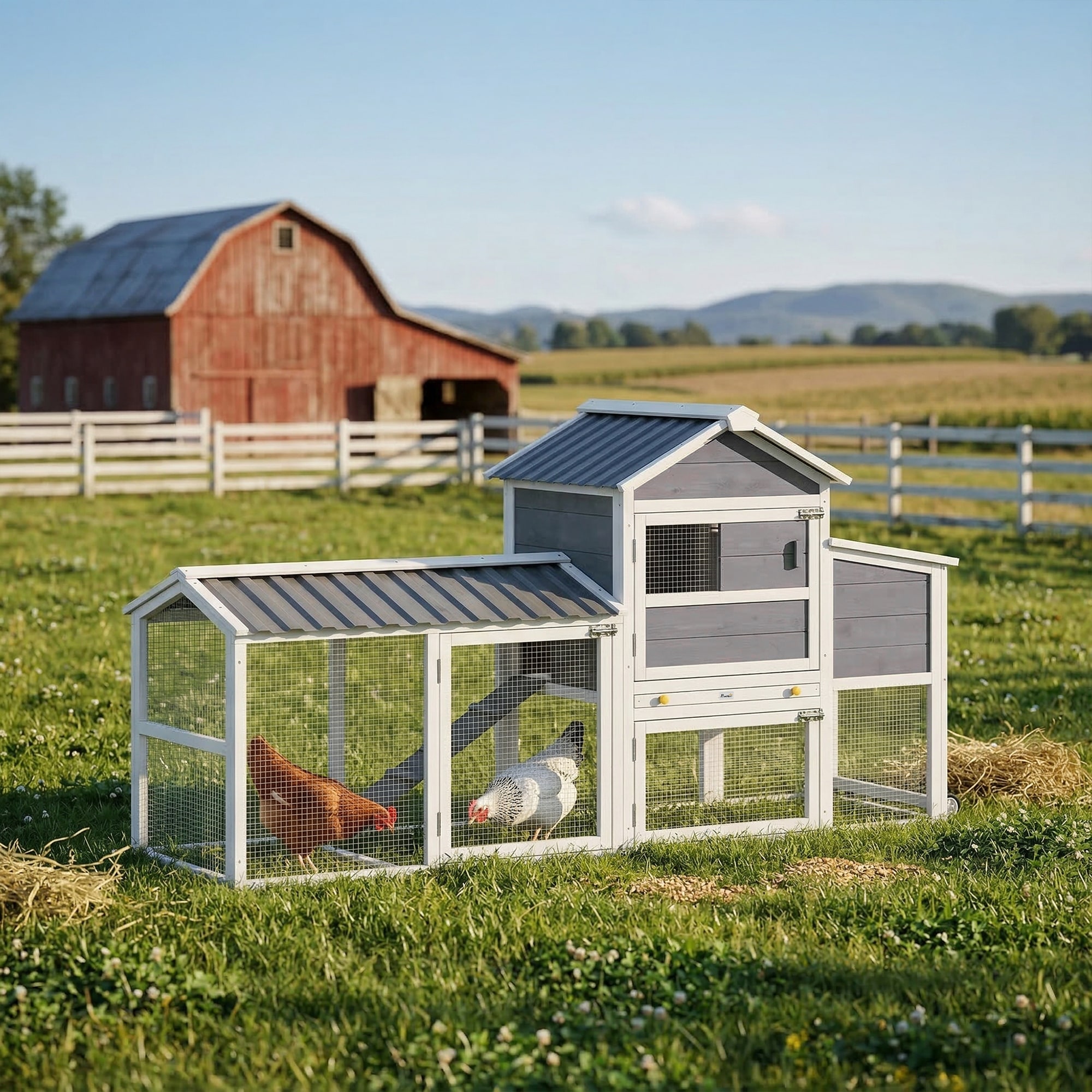 PawHut Gray 80" Mobile Wooden Chicken Coop Hen House with Wheels