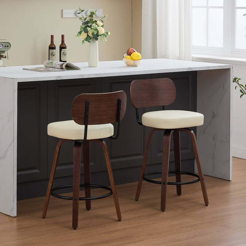 Set of 2 Upholstered Faux Leather Counter Height Swivel Bar Stools with Walnut Back and Bentwood Legs