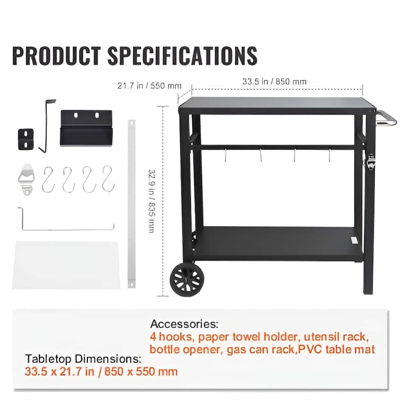 Black Outdoor BBQ Prep Table with Storage Shelves and Accessories - 39.37” L x 25.19” W x 32.87” H