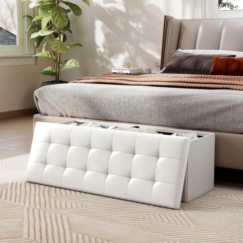 Costway 43 Inches Folding Storage Ottoman Bench with Side Pocket