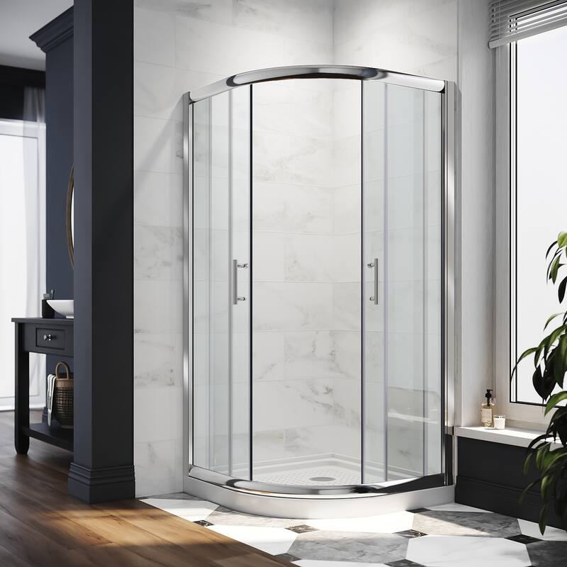 Elegant Curved Corner Entry Shower Enclosure Neo-Round 36.7" W x 36.7" D x 72" H Double Sliding Shower Doors in Chrome Finish