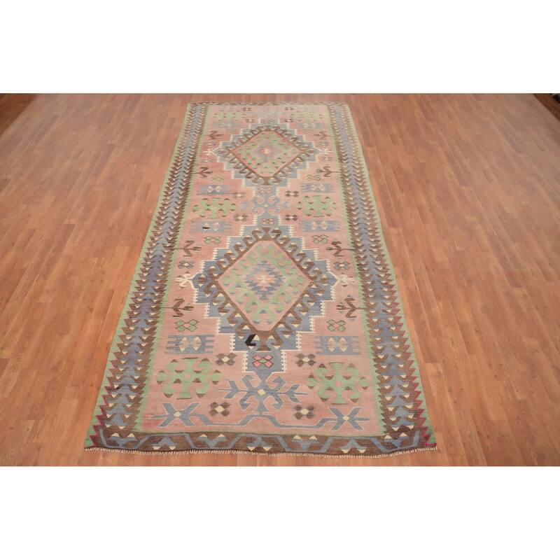 Hand Woven Oriental 100% Wool Carpet Southwestern Tribal Pink Kilim Area Rug - 10' 5'' X 5' 0''