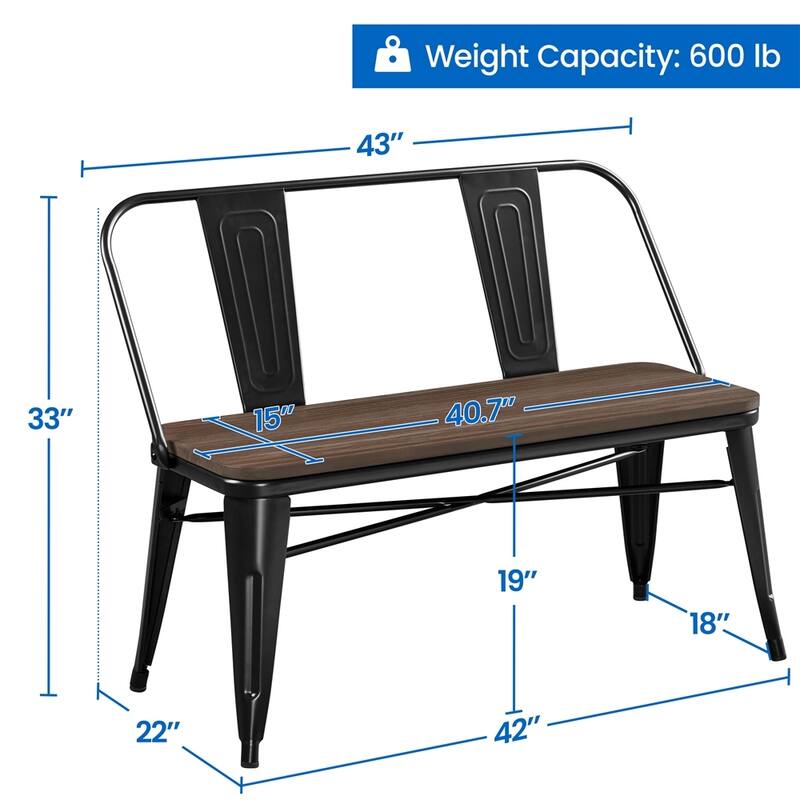Yaheetech Metal Dining Bench with Wooden Top and Detachable Backrest, Black