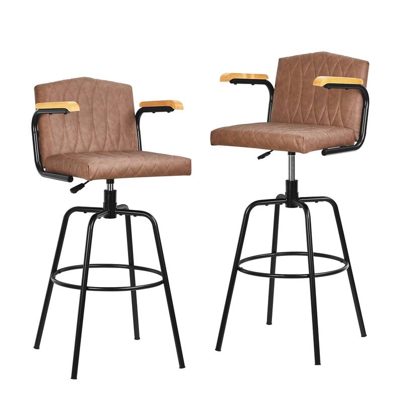 VECELO Set of 2/4 Brown PU Leather Swivel Bar Stools Comfortable Swivel Bar Stools with Footrest Fixed Height Tufted Bar Stools