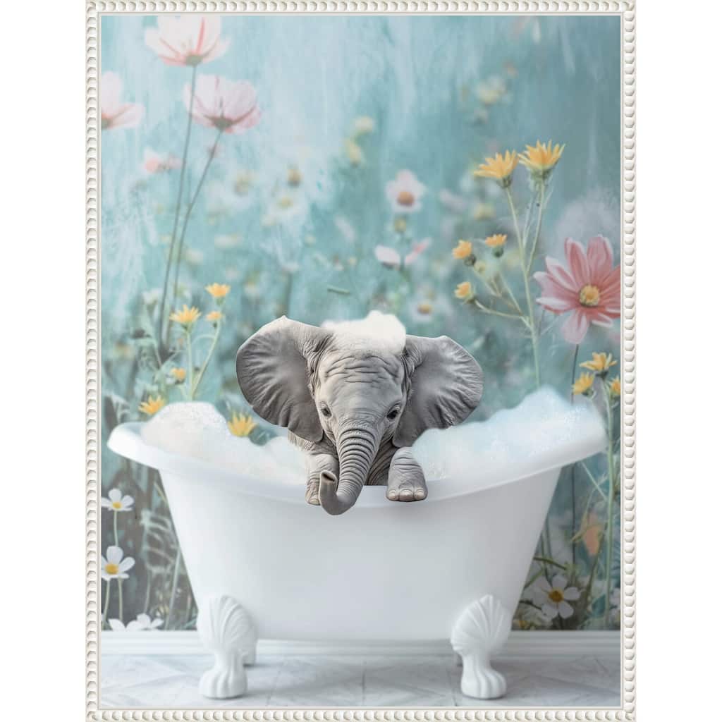 Blue Blossom Elephant Bath by Niky Rahner Framed Canvas Wall Art