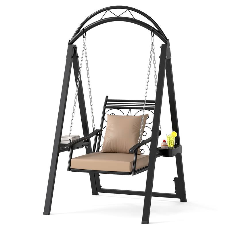 Gymax Outdoor Porch Swing w/Stand Removable Cushions Side Tables for - Black