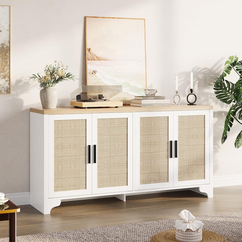 62 Inch Rattan Sideboard Buffet Cabinet, 4-Door with Shelves