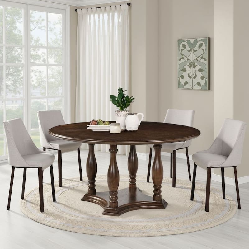 Monta Round Dining Table, Turned Legs and Shelf, Brown Wood 60 Inch