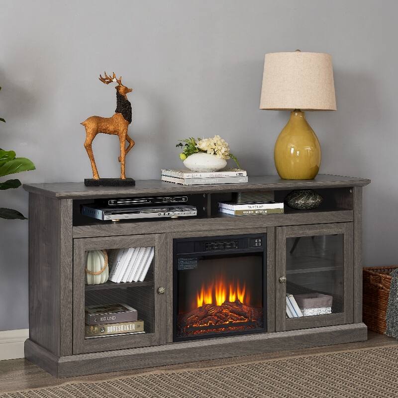 Contemporary TV Media Stand Modern Entertainment Console with 18" Fireplace Insert for TV Up to 65", Storage Space.