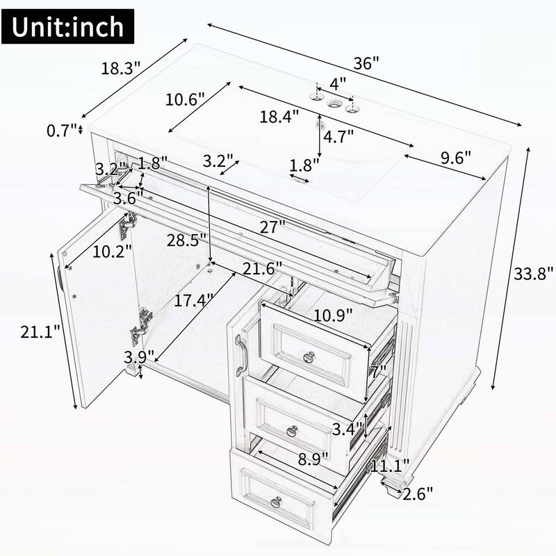 Freestanding Vanity Set with Flip-Out Drawer,3 Drawers,2 Soft-Close Doors