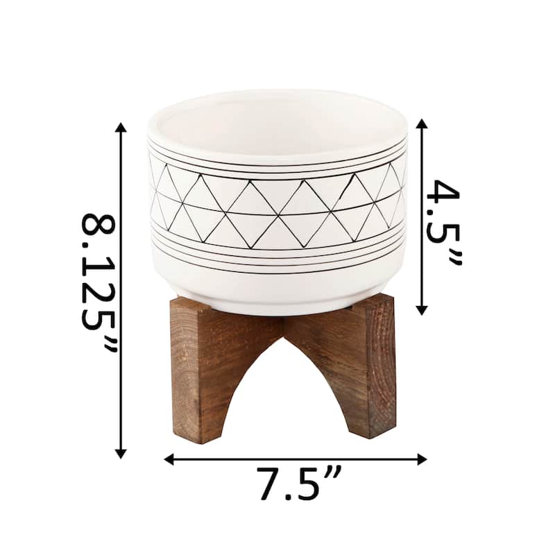 7" White Black Line Geo Ceramic On Stand