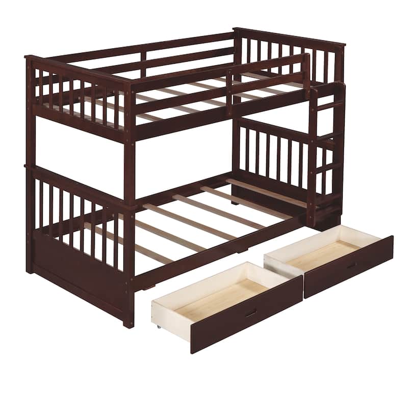 Twin-Over-Twin Bunk Bed with Two Storage Drawers, Separates into Two Beds, Sturdy Pine Wood Frame, Multiple Colors