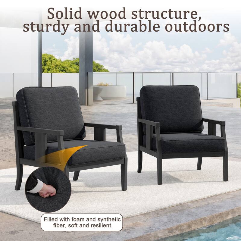 Set of 2 Outdoor Teak Wood Armchairs with Cushions, Patio Club Chairs