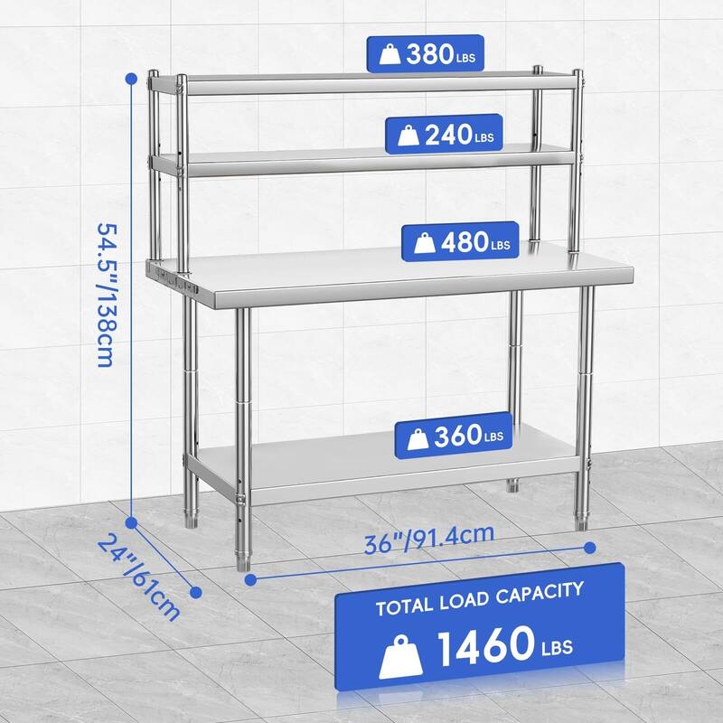 Stainless Steel Table with Overshelf, NSF Heavy Duty Prep Table