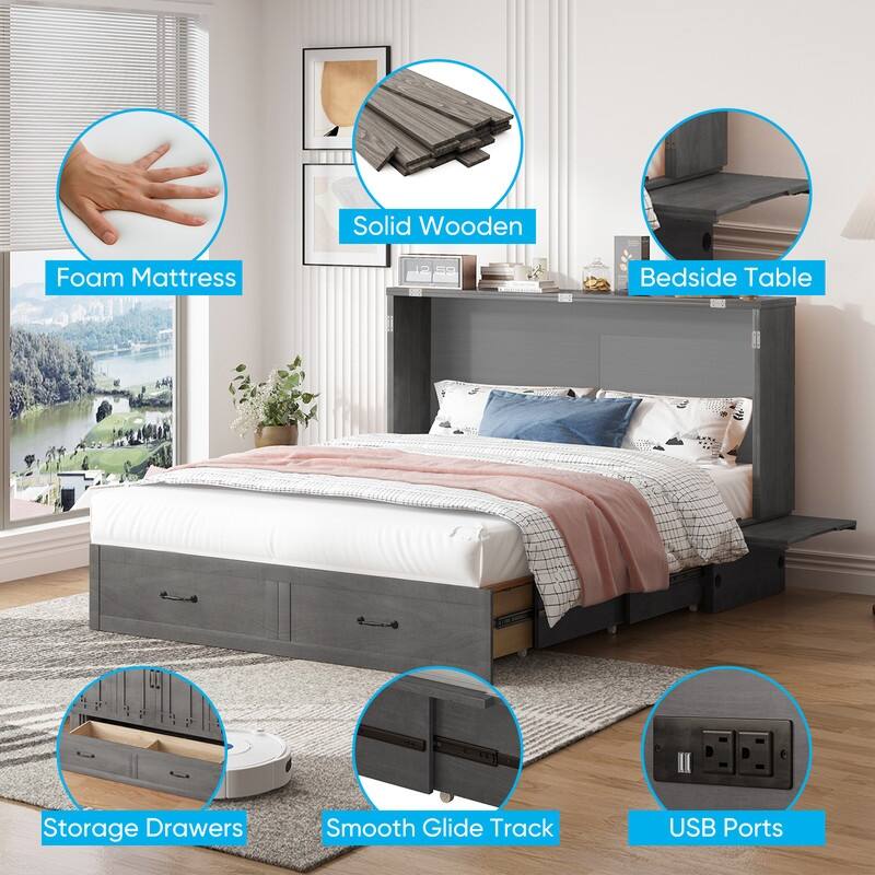 Mixoy Queen Murphy Bed Chest with Charging Station and Storage Drawer,No Mattress