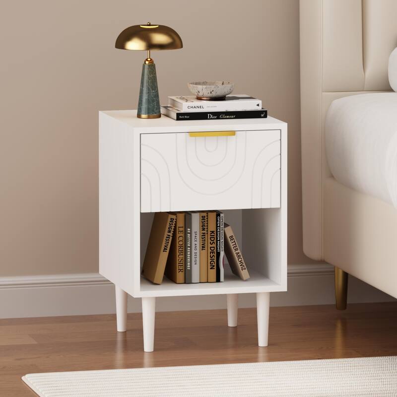 22.83''H Modern White Nightstand With One Drawer And Open Shelf, Gold - Accented Handle, Ideal For Bedroom Decor