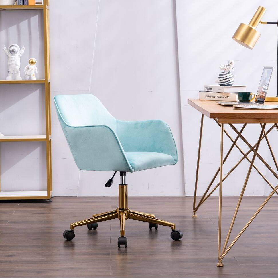 Light blue Velvet Adjustable Height 360 Revolving Home Office Chair, with Gold Metal Legs and Universal Wheel