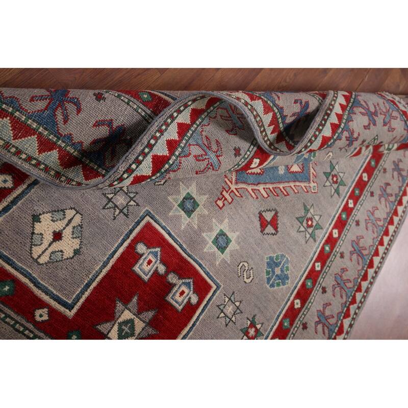 Hand Knotted Oriental 100% Wool Carpet Traditional Geometric Greys & Charcoal Kazak Area Rug - 6' 0'' X 4' 2''