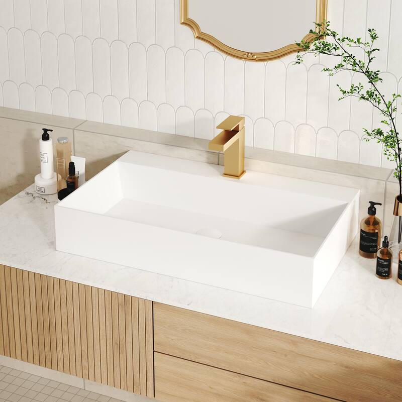 Solid Surface Wall-Mounted Rectangular Bathroom Sink with Pop-Up Drain, Modern Floating Wash Basin with Center Drain - Matte White (Solid Surface) - 30 x 17.99 x 4.53