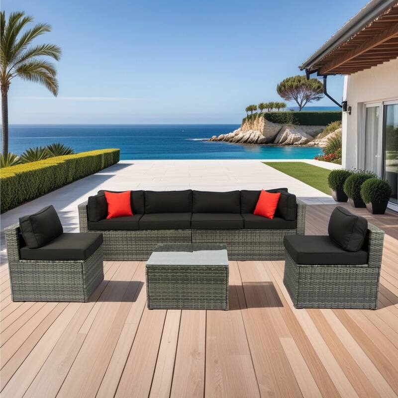 5 Pcs Outdoor Sectional Sofa Set, All-Weather PE Rattan Conversation Furniture Set with Coffee Table and 2 Pillows