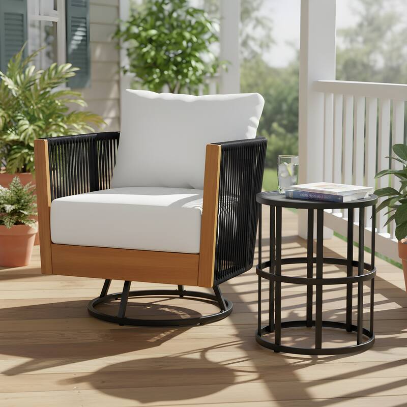 Christopher Knight Home - Mid-Century Modern Outdoor Acacia Wood Swivel Chair with Ceramic Tile Side Table - Single Chair - 16.54" Table