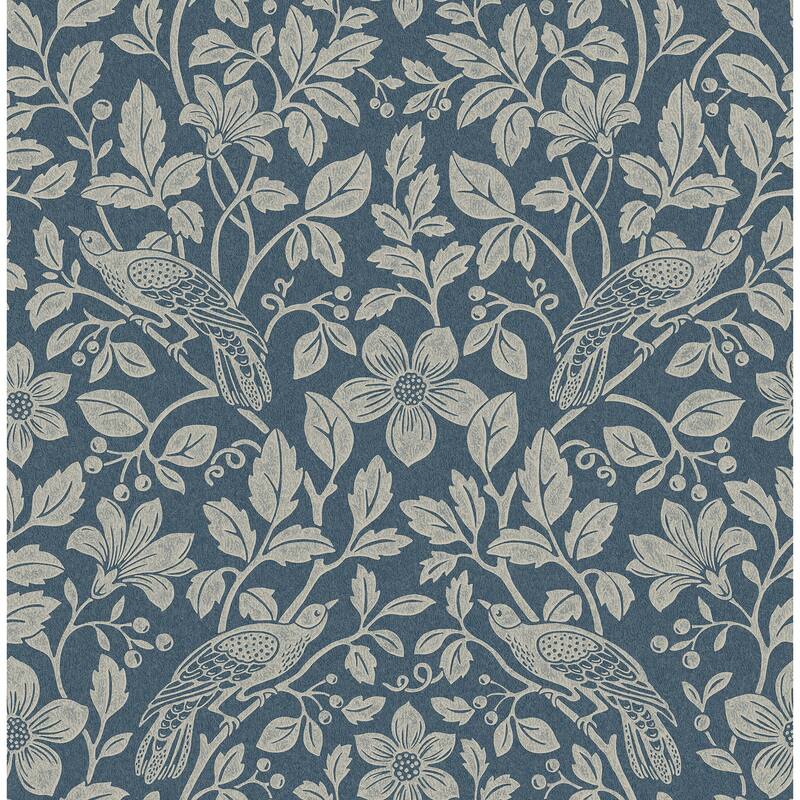 Marlow Dark Blue Bird Vine Wallpaper