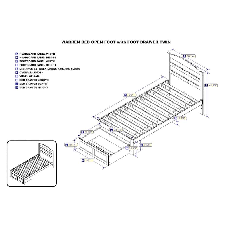 Twin Bed with Drawer - Solid Wood Platform Bed Frame, Walnut Finish, Casters Included, 76"L x 38"W