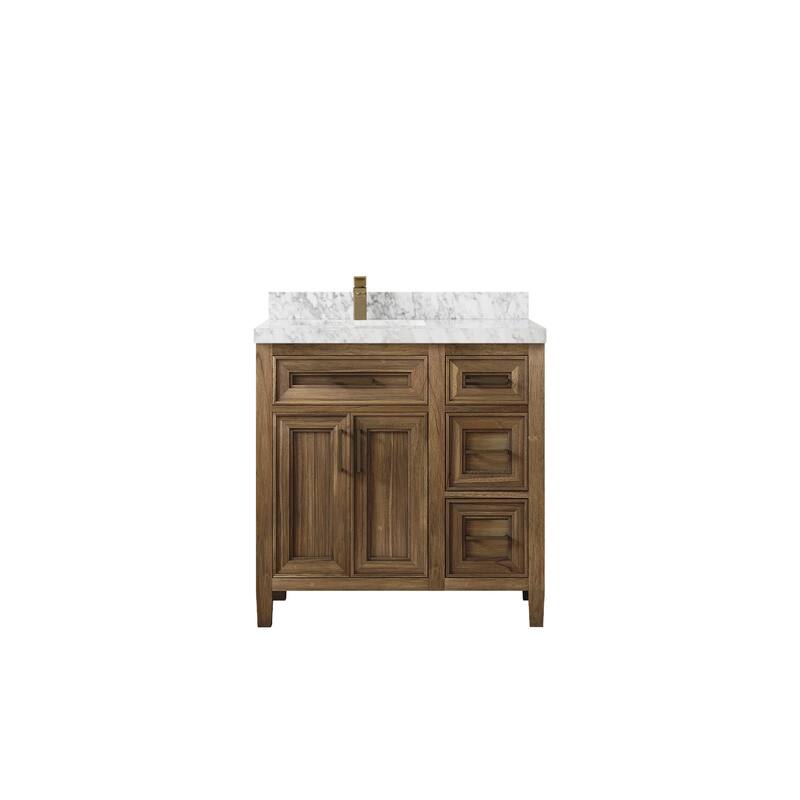 Willow Collections 36 in. W x 22 in. D Santa Monica Teak Left Offset Sink Bathroom Vanity with Countertop - 2" Carrara Marble - Gray Washed Teak