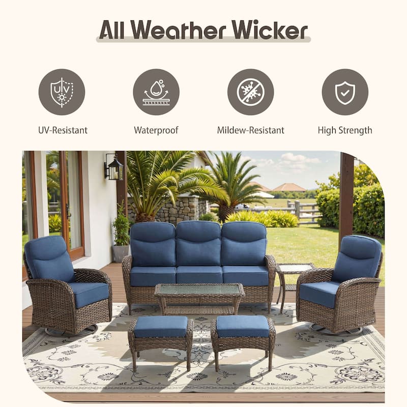 Meyreso 5-Piece Wicker Patio Conversation Set with Swivel Gliders and 6-Inch Thick Olefin Cushions