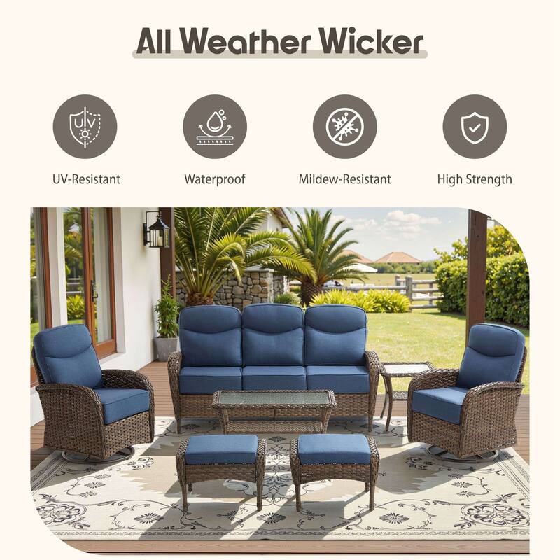 Luna 6-Piece Wicker Patio Conversation Set with Swivel Gliders and 6-Inch Thick Olefin Cushions