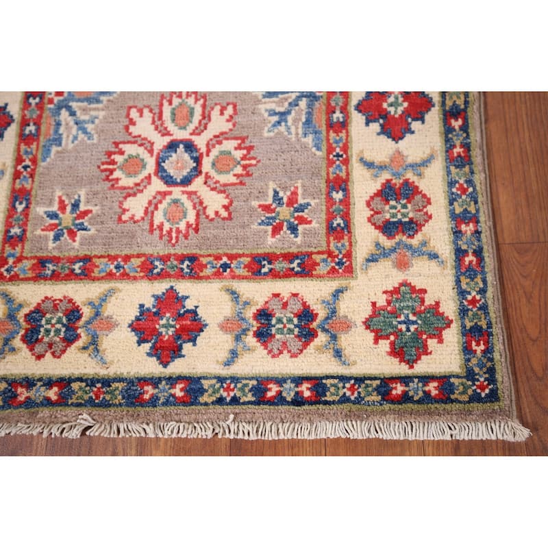 Hand Knotted Oriental 100% Wool Carpet Traditional Geometric Greys & Charcoal Kazak Area Rug - 3' 0'' X 2' 0''