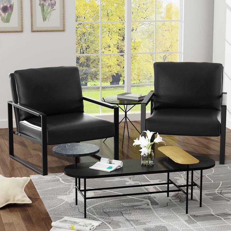 Eureka Modern Vintage Upholstered PU Leather Armchairs, Mid Century Accent Chairs with Steel Frame, Leisure Chairs (Set of 2)