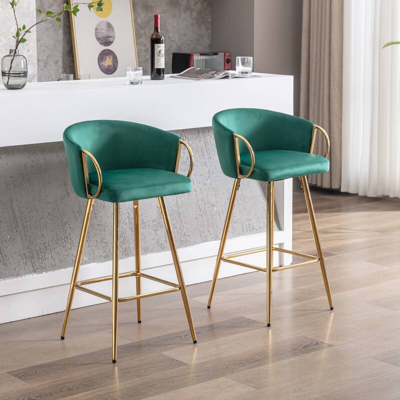 Set of 2 30" Bar Stools, Green Velvet with Chrome Footrest & Gold Legs